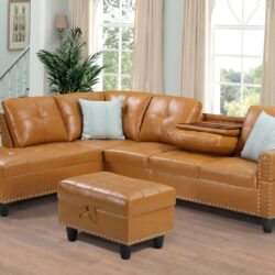 Irine - Faux Leather Sectional Sofa With Ottoman - Ginger