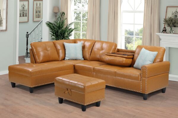 Irine - Faux Leather Sectional Sofa With Ottoman - Ginger