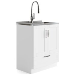 Reed - Deluxe Laundry Cabinet With Pull-Out Faucet And Stainless Steel Sink - Pure White