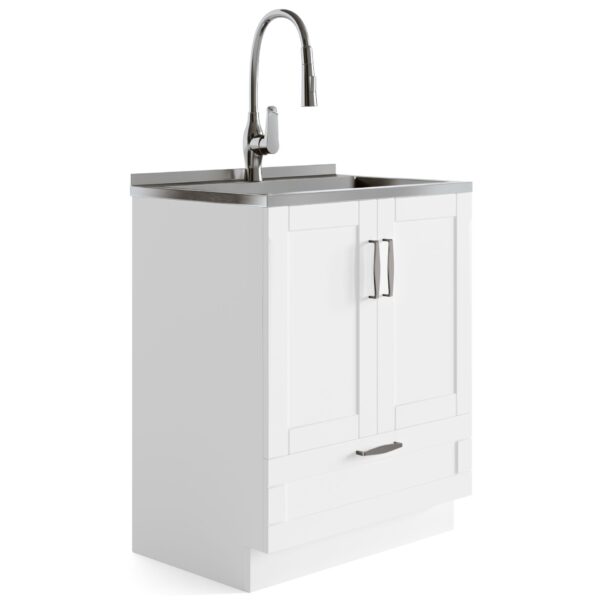Reed - Deluxe Laundry Cabinet With Pull-Out Faucet And Stainless Steel Sink - Pure White