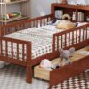 Twin Size Bed With Headboard Storage Rack, 2 Under Bed Drawers, 3 - Side Guardrails For Safety And Security - Walnut - Image 23
