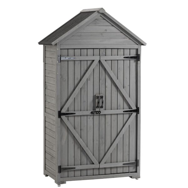 Outdoor Storage Cabinet, Garden Wood Tool Shed, Outside Wooden Shed Closet With Shelves And Latch For Yard - Gray