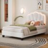 Twin Size Upholstered Flower-Shape Bed, Elegant Flowers Headboard With LED Light Strip, Sherpa Fabric Platform Bed With Slats Support - White - Image 13