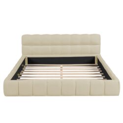 Queen Size Upholstered Platform Bed With Thick, Grounded Bed With Solid Frame - Beige