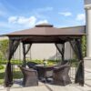 10 X 10 Ft Patio Gazebo Tent With Ventilated Double Roof And Mosquito Net - Brown - Image 7
