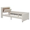 Queen & Twin Long Size Upholstered Platform Bed, Mother & Child Bed With Hydraulic Storage System, Drawer Box, Bedhead Storage Shelf And 2 Pairs Of Sockets & USB Ports - Beige - Image 7