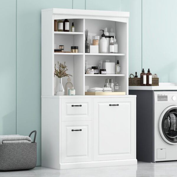 Bathroom Storage Cabinet With Tilt Out Hamper, Tall Free Standing Organizer With Drawers & Adjustable Shelves, Linen Tower With Steel Handles - White