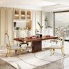 Top Dining Table With Gold Finish Corner, Pillar And Gold Finish Stainless Steel Base - Walnut Brown - Image 2