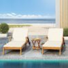 Versatile Chaise Lounge With Wheels Acacia Wood Recliner For Patio - Cream - Image 4