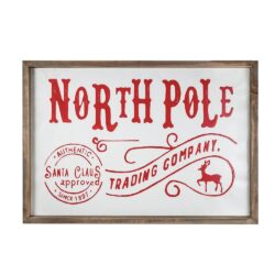 Iron / Wood North Pole Trading Company Wall Sign, For Christmas Holiday Table Wall Decor - White / Red