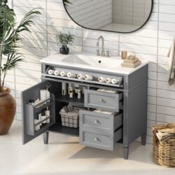 Bathroom Vanity With Top Sink, Modern Bathroom Storage Cabinet With 2 Drawers And A Tip-Out Drawer, Single Sink Bathroom Vanity - Gray
