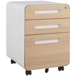 3 Drawer Mobile File Cabinet Under Desk Office, Simple Style Versatile Storage Cabinet For Legal / Letter / A4 Files, 5 Wheel Design Anti-Tilting Cold Rolled Steel Waterproof Moisture-Proof - White / Light Brown
