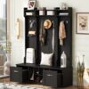 5 In 1 Entryway Bench With Coat Rack, 7 Sturdy Hooks, 2 Spacious Drawers And Adjustable Shelves, Wide Hall Tree With Metal Handles For Hallway - Black - Image 5