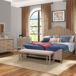 King Panel Bedroom Set With 3 Drawer Nightstand, Casual Dresser, Cane Mirror, 3 Drawer Cane Front Chest And Bench - Sand