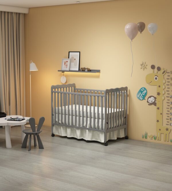 Crib 3 In 1 Convertible, Made Of Sustainable Pinewood, Non Toxic Finish, Comes With Locking Wheels, Wooden Nursery Furniture - Storm Gray