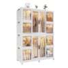 Portable Wardrobe Closet Storage Organizer For Clothes With Magnetic Doors, 12 Cubes & 2 Hanging Rods - White - Image 16
