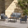 4 Piece Outdoor Patio Furniture Set, Metal Chairs With Woven Rope U Shaped Backrest, Outdoor Conversation Set With Thick Cushions And Coffee Table For Garden, Poolside, Balcony - Black / Gray - Image 4