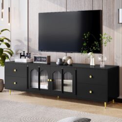 Modern TV Stand For TVs Up To 75", Entertainment Center With Glass Door, 4 Drawers And 2 Cabinets, 5 Metal Legs And Metal Handles For Living Room - Black