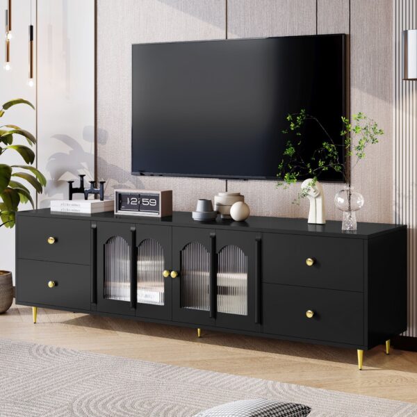 Modern TV Stand For TVs Up To 75", Entertainment Center With Glass Door, 4 Drawers And 2 Cabinets, 5 Metal Legs And Metal Handles For Living Room - Black