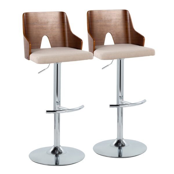 Ariana - Mid-Century Modern Adjustable Barstool Stool With Swivel With Rounded T Footrest (Set of 2) - Chrome / Walnut / Beige
