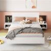 Queen Size Floating Platform Bed, With LED Lights, Bedside Nightstand - White - Image 8