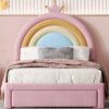 Twin Size Upholstered Rainbow Design Bed, Velvet Princess Platform Bed With Storage Drawer, No Box - Spring Needed - Colorful / Pink - Image 6