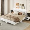 King Size Floating Platform Bed, With LED Lights, Bedside Nightstand - White - Image 12