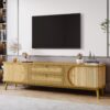 Rattan TV Stand For Tvs Up To 75'', Modern Farmhouse Media Console, Entertainment Center With Legs, TV Cabinet For Living Room, Home Theatre - Natural Wood - Image 3