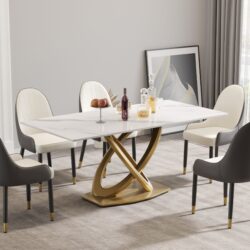 70.84" Modern Artificial Stone Panel Double-Ring Stainless Steel Metal Legs, Can Accommodate 6-8 People - White / Gold