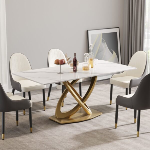70.84" Modern Artificial Stone Panel Double-Ring Stainless Steel Metal Legs, Can Accommodate 6-8 People - White / Gold
