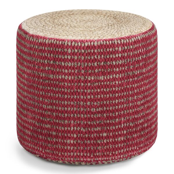 Larissa - Round Braided Pouf - Natural / Maroon
