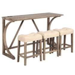4 Piece Bar Table Set With Power Outlet, Dining Bar Table And Chairs Set, Bar Table Set With 3 Padded Stools For Living Room, Dining Room, Game Room - Brown