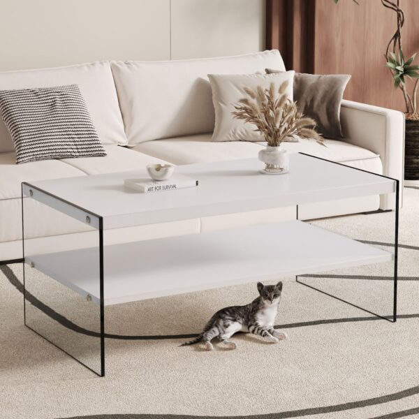 Modern Double Rectangular Coffee Table With Storage Function And Transparent Tempered Glass - White