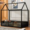 Twin Size Metal House Bed With Fence And Door - Black - Image 2