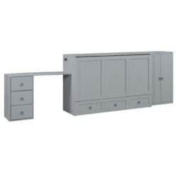 Queen Size Murphy Bed With USB Port, Large Drawer, And Wardrobe / Desk Combo Versatile Cabinet Bed - Gray