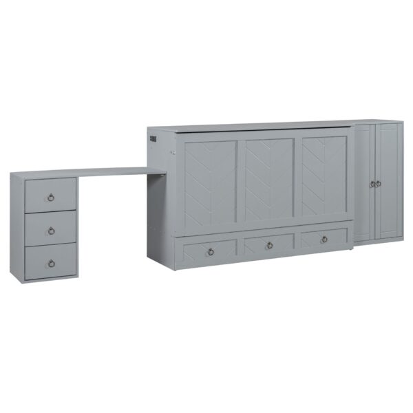 Queen Size Murphy Bed With USB Port, Large Drawer, And Wardrobe / Desk Combo Versatile Cabinet Bed - Gray