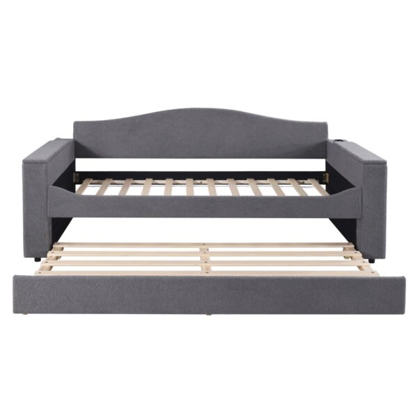Twin Size Upholstered Daybed With Storage Armrests, Trundle And Latest Integrated Bluetooth Audio System - Gray