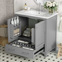 Bathroom Vanity With Single Sink, Combo Cabinet Undermount Sink, Bathroom Storage Cabinet With Two Doors And A Drawer, Soft Closing, Multifunctional Storage, Solid Wood Frame - Gray