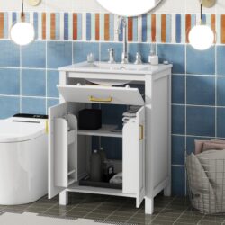 Bathroom Vanity Combo With Ceramic Sink, Luxurious Space-Saving Vanity, 2 Soft-Close Doors - Gold / White