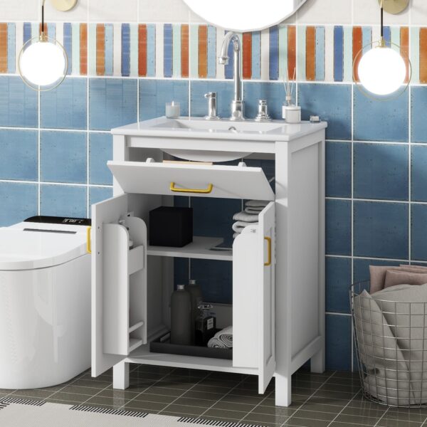 Bathroom Vanity Combo With Ceramic Sink, Luxurious Space-Saving Vanity, 2 Soft-Close Doors - Gold / White