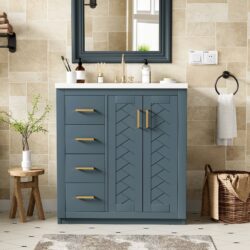 Bathroom Vanity With Ceramic Sink Combo, Frame Bathroom Storage Cabinet, Freestanding Vanity Set With 3 Drawers & Soft Closing Doors - Blue