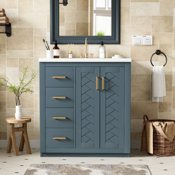 Bathroom Vanity With Ceramic Sink Combo, Frame Bathroom Storage Cabinet, Freestanding Vanity Set With 3 Drawers & Soft Closing Doors - Blue