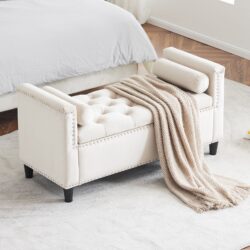 Storage Bench, Queen Velvet Button Bedside Bench, Entryway Living Room With Armrests, Nailhead Trim, Upholstered Bedroom Bench, Bedside Ottoman, Living Room, Entryway - Cream
