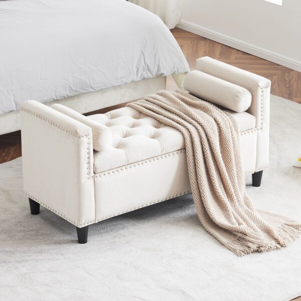 Storage Bench, Queen Velvet Button Bedside Bench, Entryway Living Room With Armrests, Nailhead Trim, Upholstered Bedroom Bench, Bedside Ottoman, Living Room, Entryway - Cream