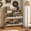 Shoe Storage Cabinet With 4 Flip Drawers And Wooden Handle For Entryway - Natural - Image 7
