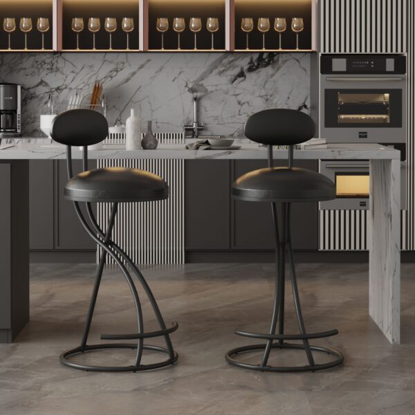 Bar Stools Upholstered Counter Height Barstools For Kitchen Island (Set of 2) Modern Leather Dining Chairs With Footrest - Black