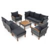 9 Piece Patio Rattan Furniture Set, Outdoor Conversation Set With Acacia Wood Legs And Tabletop, PE Rattan Sectional Sofa Set With Coffee Table, Washable Cushion - Gray - Image 8