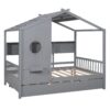 Full Size House Bed With Trundle, Modern Design For Kids With Storage Shlef - Gray - Image 4
