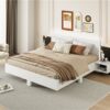 King Size Floating Platform Bed, With LED Lights, Bedside Nightstand - White - Image 9