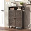 Farmhouse Shoe Storage Cabinet With Barn Door Design, 2 Flip Drawers, Hooks - Dark Oak - Image 4